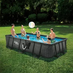 Summer Waves Elite Metal Frame Rectangular Above Ground Pool with Filter Pump and Ladder Gray