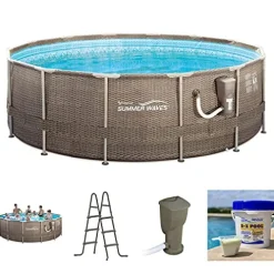 Summer Waves 14ft Round Frame Pool Set with Skimmer & Ladder Brown