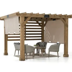 SummerCove Sunjoy Cedar Pergola 10×11 ft with Adjustable Canopy and Privacy Screen Tan