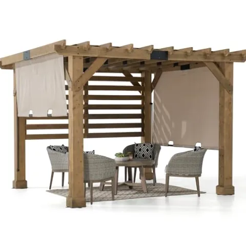 SummerCove Sunjoy Cedar Pergola 10×11 ft with Adjustable Canopy and Privacy Screen Tan