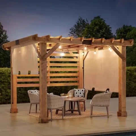 SummerCove Sunjoy Cedar Pergola 10×11 ft with Adjustable Canopy and Privacy Screen Tan