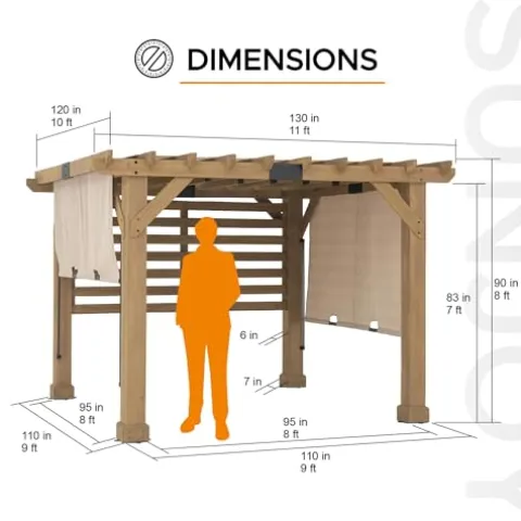 SummerCove Sunjoy Cedar Pergola 10×11 ft with Adjustable Canopy and Privacy Screen Tan