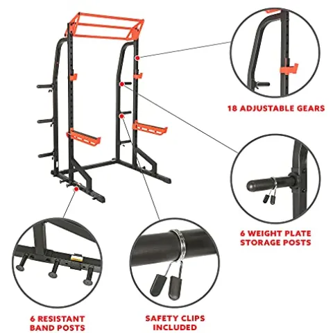 Sunny Health & Fitness Power Zone Half Rack Heavy Duty Performance Power Cage Black