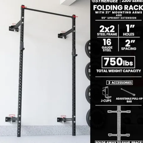 Synergee 2200 Series Folding Squat Rack with J-Cups & Pull Up Bar 95″ Tall – 21″ Depth