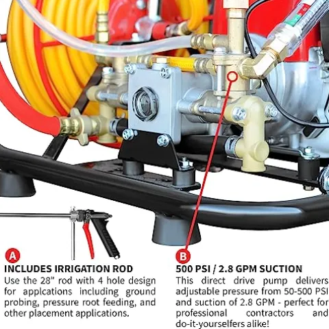 Tomahawk Power 1.3HP Skid Sprayer with Honda GX35, 100ft Hose, 500 PSI Pump Red