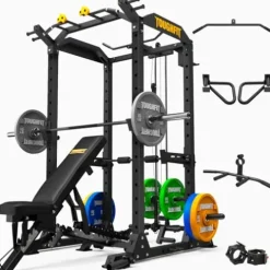 ToughFit 2024 Upgraded T2 Power Cage Multi-Function Power Rack with Lat Pulldown System Squat Rack Black