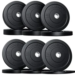 ToughFit Bumper Plate with Steel Insert – Rubber 2″ Olympic Barbell Weightlifting Plates Set Black