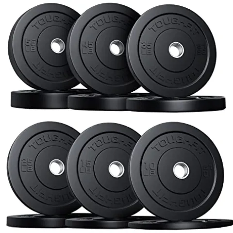 ToughFit Bumper Plate with Steel Insert – Rubber 2″ Olympic Barbell Weightlifting Plates Set Black