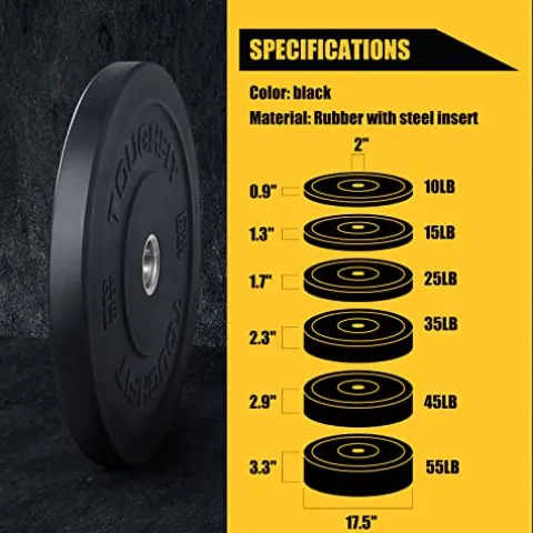 ToughFit Bumper Plate with Steel Insert – Rubber 2″ Olympic Barbell Weightlifting Plates Set Black
