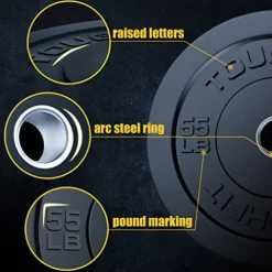 ToughFit Bumper Plate with Steel Insert – Rubber 2″ Olympic Barbell Weightlifting Plates Set Black