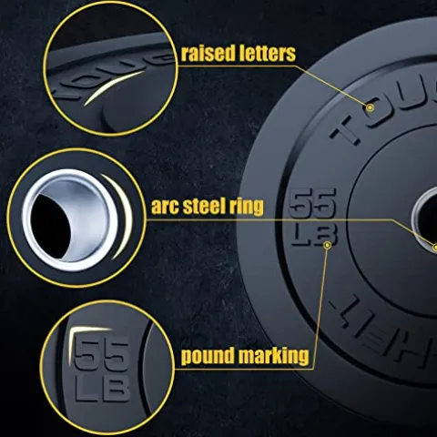 ToughFit Bumper Plate with Steel Insert – Rubber 2″ Olympic Barbell Weightlifting Plates Set Black