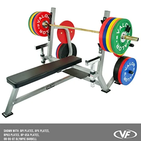Valor Fitness Olympic Weight Bench Press Station Spotter Arms Adjustable Safety Catch Plate Storage Pegs Power Lifting Home Gym Workout Equipment BF-49 Metallic Grey and Black