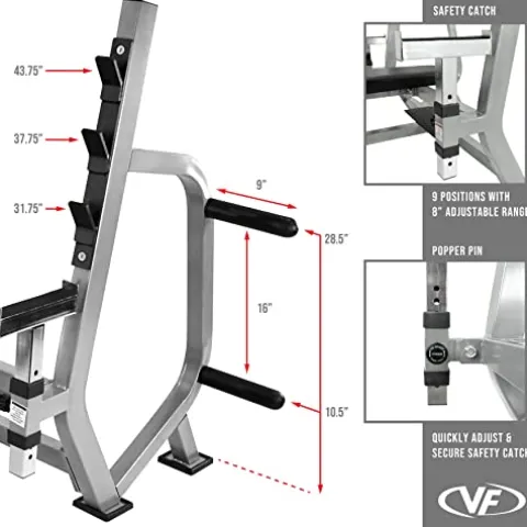 Valor Fitness Olympic Weight Bench Press Station Spotter Arms Adjustable Safety Catch Plate Storage Pegs Power Lifting Home Gym Workout Equipment BF-49 Metallic Grey and Black