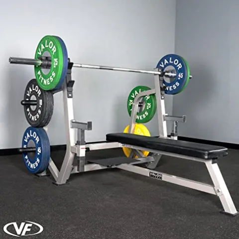 Valor Fitness Olympic Weight Bench Press Station Spotter Arms Adjustable Safety Catch Plate Storage Pegs Power Lifting Home Gym Workout Equipment BF-49 Metallic Grey and Black