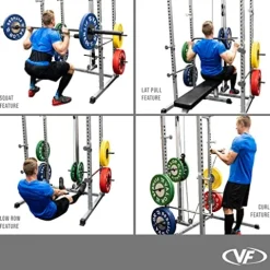 Valor Fitness Power Squat Rack with Lat Pull Attachment and Pull Up Bar Station Black