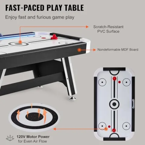 VEVOR Air Hockey Table 72″ Indoor LED Sports Game Black and White