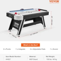 VEVOR Air Hockey Table 72″ Indoor LED Sports Game Black and White