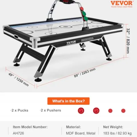 VEVOR Air Hockey Table 89″ with Electronic Score System, LED Sports Game, 2 Pushers, 2 Pucks – Black and White