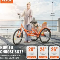 VEVOR Folding Adult Tricycle 26-Inch Lightweight Aluminum Alloy 3 Wheel Cruiser Bike with Large Rear Basket Orange