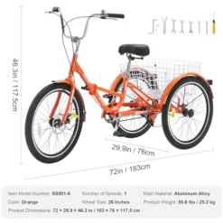 VEVOR Folding Adult Tricycle 26-Inch Lightweight Aluminum Alloy 3 Wheel Cruiser Bike with Large Rear Basket Orange