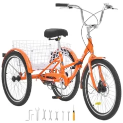 VEVOR Folding Adult Tricycle 26-Inch Lightweight Aluminum Alloy 3 Wheel Cruiser Bike with Large Rear Basket Orange