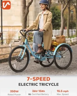 Viribus 26″ Electric Tricycle for Adults, 7 Speed Electric Trike with 350W Motor UL Certified 36V 13Ah Battery, Aqua