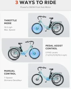 Viribus 26″ Electric Tricycle for Adults, 7 Speed Electric Trike with 350W Motor UL Certified 36V 13Ah Battery, Aqua