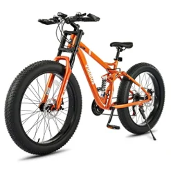 Viribus Fat Tire Bike Mens Mountain Bike Full Suspension Shimano 21 Speed Aluminium Alloy Frame 26″ MTB Adult Bike Orange
