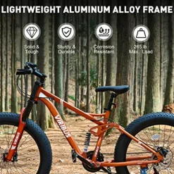 Viribus Fat Tire Bike Mens Mountain Bike Full Suspension Shimano 21 Speed Aluminium Alloy Frame 26″ MTB Adult Bike Orange