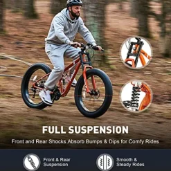 Viribus Fat Tire Bike Mens Mountain Bike Full Suspension Shimano 21 Speed Aluminium Alloy Frame 26″ MTB Adult Bike Orange