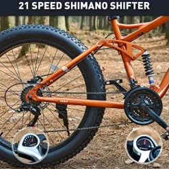 Viribus Fat Tire Bike Mens Mountain Bike Full Suspension 21 Speed Aluminium Alloy Frame 26″ MTB Adult Bicycle Orange