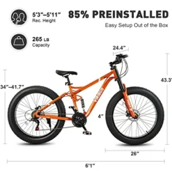 Viribus Fat Tire Bike Mens Mountain Bike Full Suspension 21 Speed Aluminium Alloy Frame 26″ MTB Adult Bicycle Orange