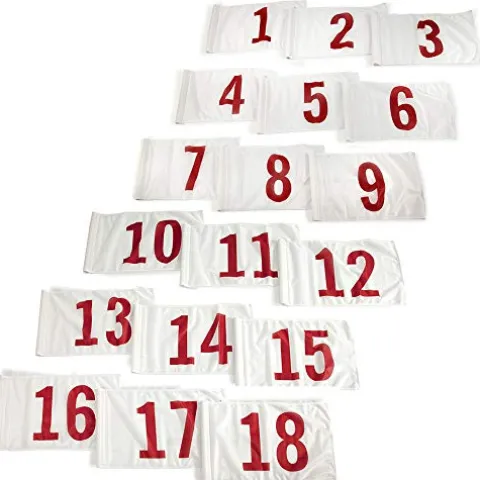 Vispronet Numbered Golf Flags (18) – 20in x 14in White & Red Numbered Flags for Golf Course