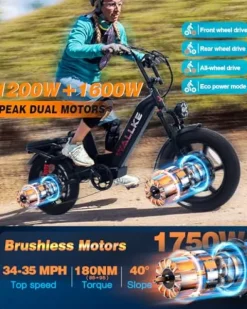 W Wallke Electric Bike for Adults 48V 40Ah 1600W/2800W Peak Dual Motor Fast Long Range Ebike 20 inch Fat Tire Full Suspension Electric Bicycle 31/34MPH Step Thru E-bike APP Control UL2849 Certified Black