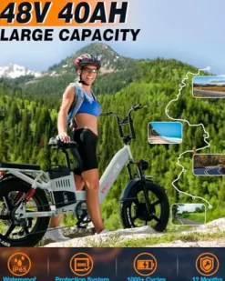 W Wallke Electric Bike for Adults 48V 40Ah 1600W/2800W Peak Dual Motor Fast Long Range Ebike 20 inch Fat Tire Full Suspension Electric Bicycle 31/34MPH Step Thru E-bike APP Control UL2849 Certified Black