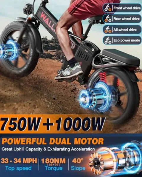 W Wallke Folding Electric Bike for Adults, 1750W Dual Motor, 48V 40Ah Long Range Ebike 20″ Fat Tire Gray