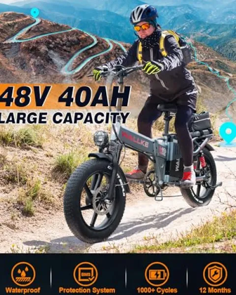 W Wallke Folding Electric Bike for Adults, 1750W Dual Motor, 48V 40Ah Long Range Ebike 20″ Fat Tire Gray