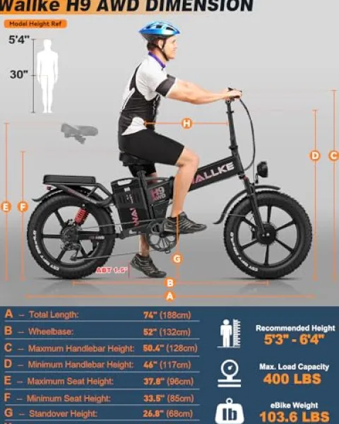 W Wallke Folding Electric Bike for Adults, 1750W Dual Motor, 48V 40Ah Long Range Ebike 20″ Fat Tire Gray