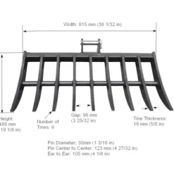 Wallemac Land Clearing Root Rake 36″ for Bobcat Mini Excavator Dark Grey