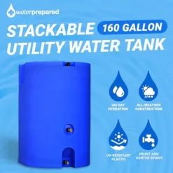 WaterPrepared 160 Gallon Stackable Utility Water Tank with Large Cap and 2 Spigots Blue
