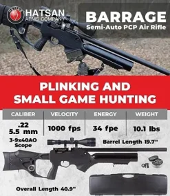 Wearable4U Hatsan Barrage Semi Auto PCP .22 Cal Air Rifle Bundle with Scope, Paper Targets & Pellets