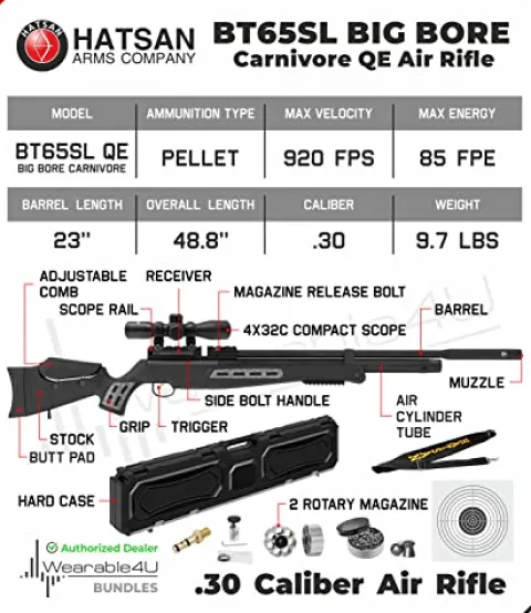 Wearable4U Hatsan BT 65 SL QE Big Bore Carnivore .30 Cal PCP Air Rifle Bundle w/Scope, Targets & Pellets