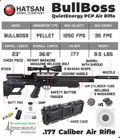 Wearable4U Hatsan BullBoss QE .177 Cal Air Rifle Bundle with Scope, Targets, Pellets & Hard Case