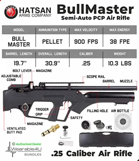 Wearable4U Hatsan BullMaster Semi-Auto PCP .25 Cal Air Rifle Bundle with 100x Targets & 150x Pellets