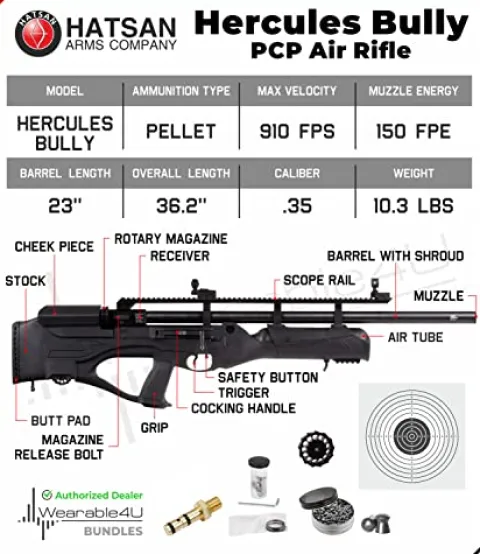 Wearable4U Hatsan Hercules Bully .35 Cal Air Rifle Bundle with 100 Pellets and Targets Black