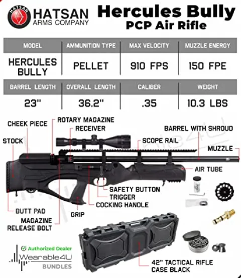 Wearable4U Hatsan Hercules Bully .35 Cal Air Rifle Bundle with Scope, Pellets, Hard Case & Cleaning Pen