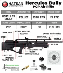 Wearable4U Hatsan HGHercBull-30 Hercules Bully .30 Caliber Air Rifle Bundle with Towel, 100 Pellets, 100 Targets Black
