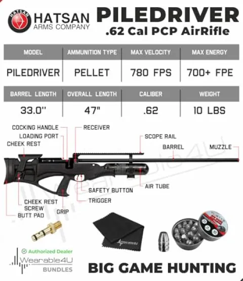 Wearable4U Hatsan Piledriver Bullpup .62 Cal PCP Air Rifle Bundle with Lens Cleaning Cloth and Slugs