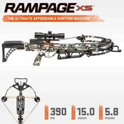 Wicked Ridge Rampage XS Crossbow Peak XT 390 FPS with Lighted Scope, Rope-Sled, Tactical Stock & 3 Arrows Peak Camo