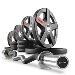 XMark Olympic Curl Bar with Weights 115 lb Set Texas Star Plates Blue